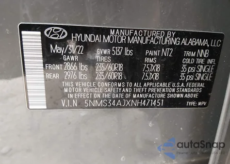 2022 Hyundai Santa Fe Sel z USA, uszkodzony, nr VIN 5NMS34AJXNH471451